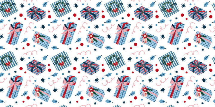 Winter seamless pattern with vintage gift boxes on white background. Christmas decoration texture and wrapping paper design. Hand drawn festive vector illustration.