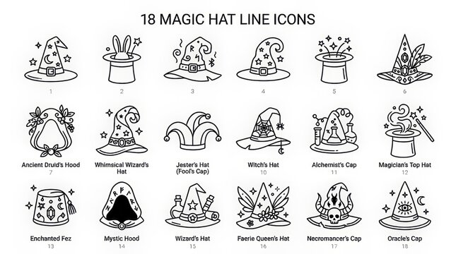 Collection of eighteen magical hat line art icons with various themes and styles.
