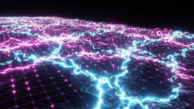 Abstract digital landscape with glowing pink and blue electric lines flowing across a dark grid, showcasing a dynamic visual progression of energy movement