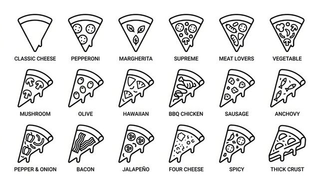 Collection of hand drawn pizza slice icons and doodles in black and white.