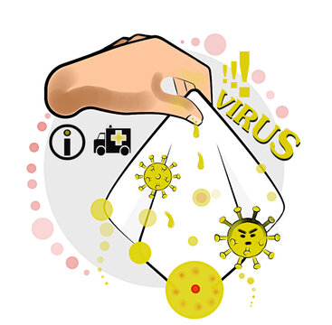Pa&ntilde;uelo con virus y bacterias e infecci&oacute;n, catarro y constipado con mocos, contagio, enfermedad y enfermo al hospital en ambulancia