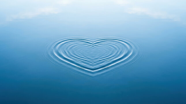 Heart shape ripple on clean water surface with calm access to nature and peaceful reflection in blue sky
