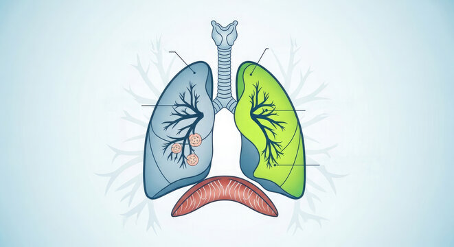 Anatomical illustration of human lungs and diaphragm showing respiratory system structure with colorful hand drawn style on a light blue background