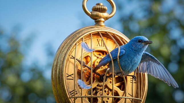 Antique Golden Birdcage Pocket Watch Clock Hands Prison Bars Small Blue Bird Escaping Bent Top Macro Time Freedom