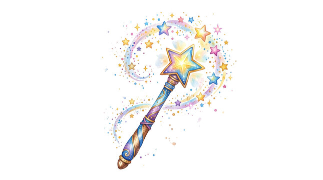 Magic wand with sparkling stars. Fairy tale accessory with glowing magical trail effect.
