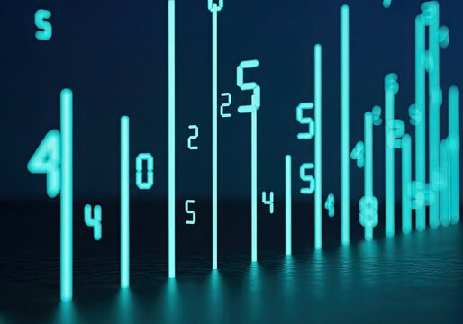 Abstract Digital Data Visualization with Glowing Neon Numbers and Bars.