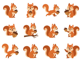 Fototapeta premium A collection of cute cartoon squirrels in various poses with acorns on a white background.