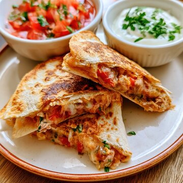 Deliciously golden chicken quesadillas with fresh salsa and sour cream