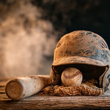 Vintage baseball equipment covered in dirt, showing signs of a hard-fought game