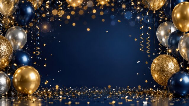 Midnight blue and gold balloons with sparkling confetti on dark background for luxury gala celebration event.