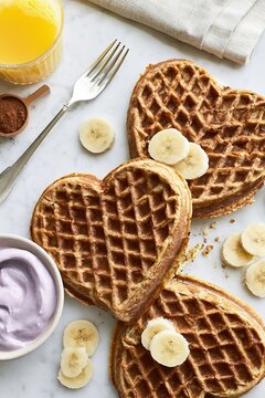 Heart shaped waffles with banana slices and purple yogurt for a sweet breakfast