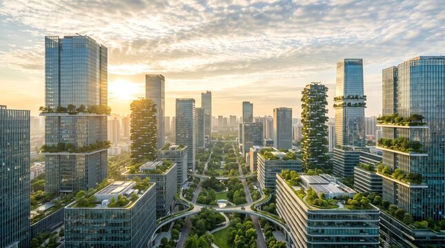 Sustainable Modern Urban Landscape with Green Vertical Gardens at Sunset