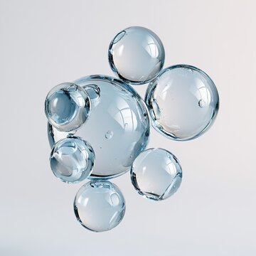 Cluster of translucent blue water bubbles floating in a light background