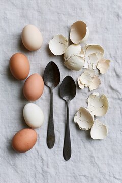 Farm fresh eggs and antique spoons arranged on a textured linen surface