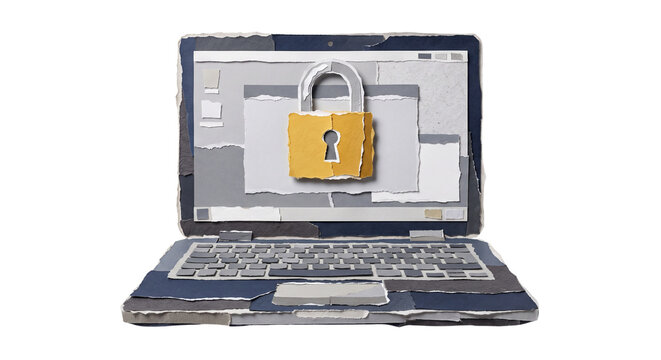 Laptop with Security Lock Icon Pop Up Ripped Paper Craft Illustration Transparent Image. Torn Paper Collage Concept Design