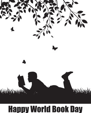 Happy World Book Day featuring a person lying on the grass reading a book outdoors with butterflies