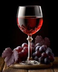 Obraz premium Crystal wine glass with red wine grape leaf wooden table elegant luxury dark background still life classic style