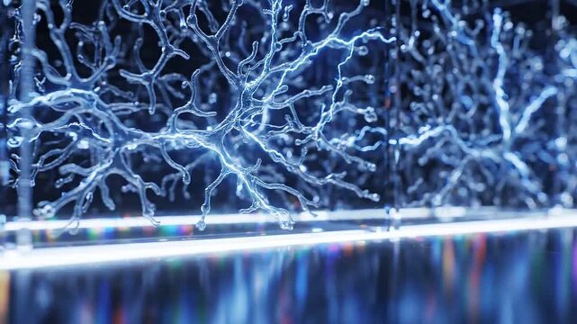 Abstract representation of electric currents flowing through transparent structures with intricate patterns illuminated by bright blue light in a dark environment