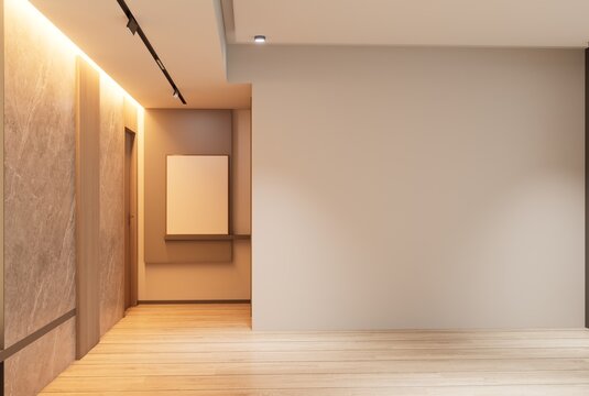 Minimalist modern apartment hallway with warm lighting and wooden floor