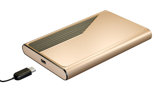 Portable Hard Drive Mockup 3D Gold External SSD with USB C Cable Illustration