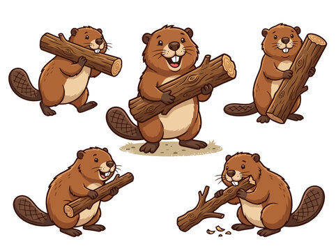 cute cartoon beavers carrying and chewing wooden logs on a white background.