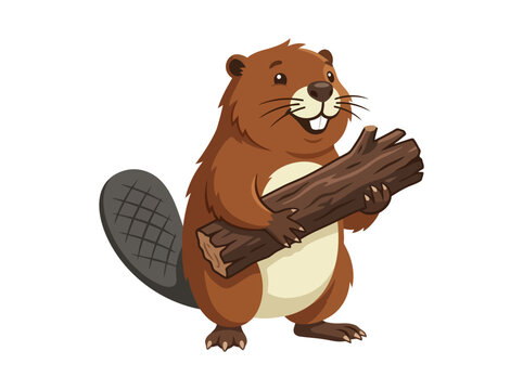 A cute cartoon beaver holding a large wooden log against a clean white background.