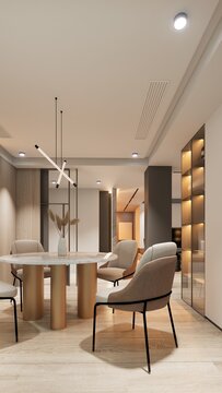 Modern dining room interior with elegant lighting and cozy chairs
