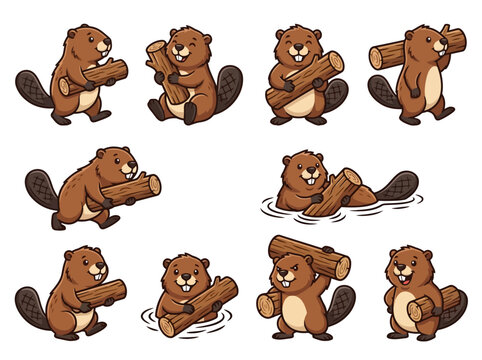 A collection of cute cartoon beavers with wooden logs in various poses and actions.