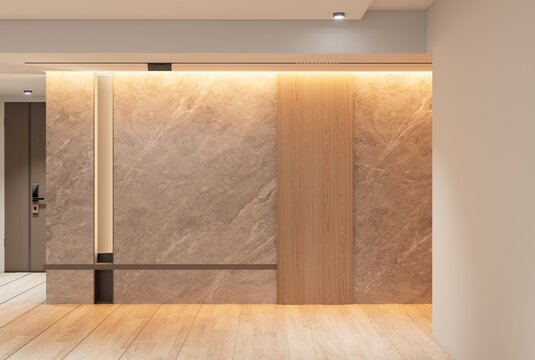Modern condominium lobby interior with ambient lighting and natural materials