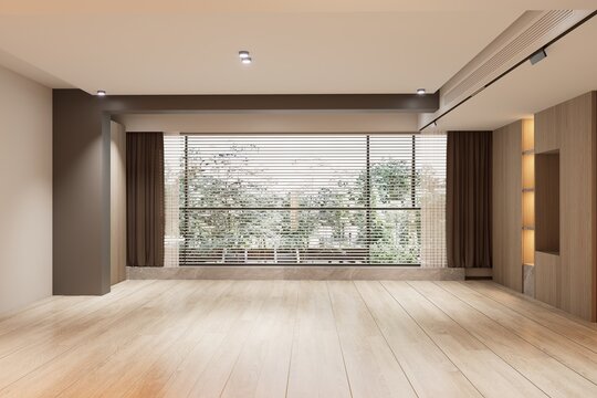 Modern empty living room with large window and wooden floor