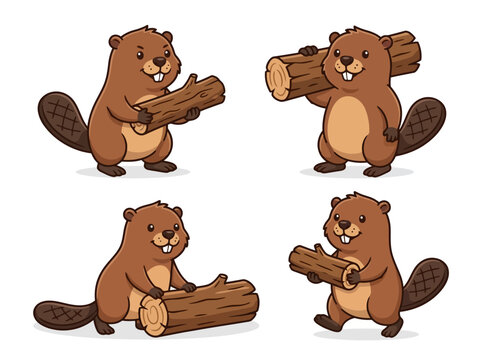 A set of four cute cartoon beavers engaged in various woodworking activities with logs.