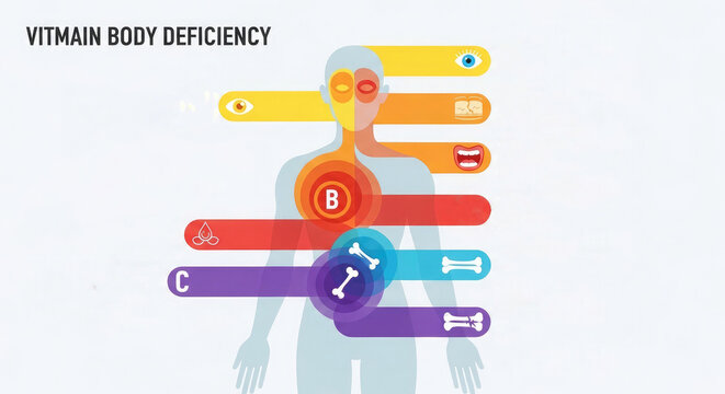 Educational infographic showing vitamin deficiency symptoms on a human body silhouette with colorful icons representing different essential vitamins and health related issues