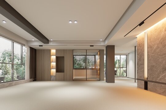 Modern empty luxury condo living room with large windows and wood accents