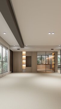 Modern living room with wood paneling and glass walls in minimal style