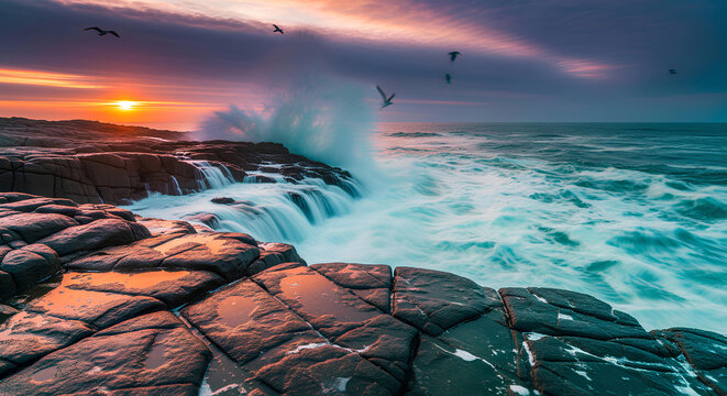 Dramatic Ocean Waves Crashing on Rocky Shore During Vibrant Sunset with Seagulls Flying in Sky
