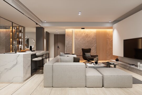 Modern minimal luxury living room and kitchen interior design