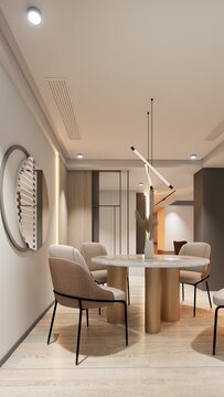 Modern minimalist dining room with beige chairs and round table
