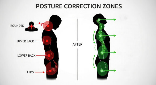 Educational medical illustration showing human posture correction zones comparing poor slouching posture in red against healthy upright posture in green color