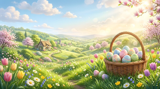 A beautiful easter basket filled with colorful decorated eggs sitting in a lush spring meadow with blooming flowers