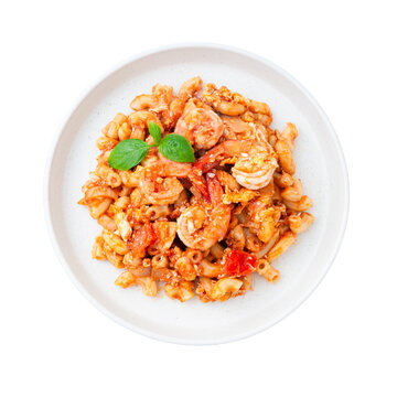 Stir-fried macaroni with shrimp and egg on white plated  on  isolated white background including clipping path
