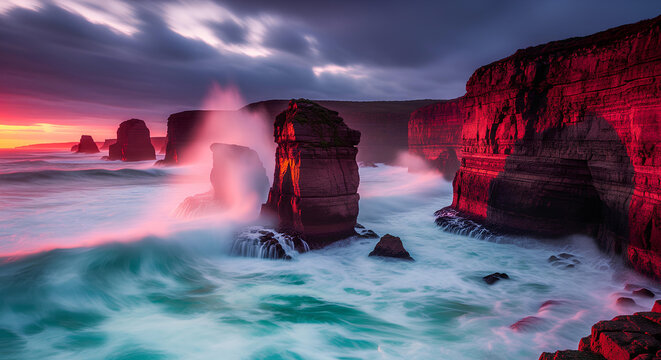 Crashing ocean waves against dramatic sea stacks and coastal cliffs during a fiery red and purple sunset.