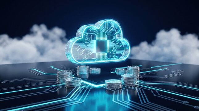 Cloud Computing 3D Render with Circuit Board Pattern and Digital Money Coins Concept
