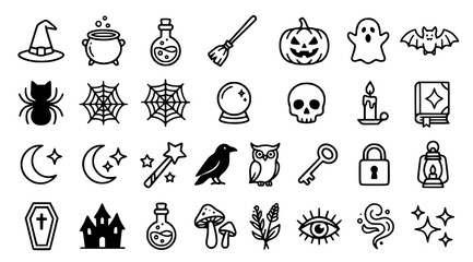 Halloween witchcraft doodle vector icon set with cauldron pumpkin skull broom magic potion and spooky symbols isolated on white background © MdBarat
