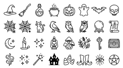 Professional Halloween witchcraft vector set with spooky magic cauldron pumpkin ghost skull and mystery doodle illustrations isolated on white background © MdBarat