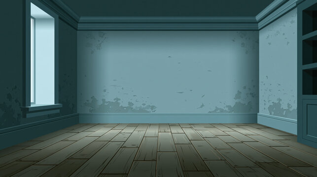 Empty room cozy interior front view one point perspective wooden floor blue wall bare wall empty space simple room interior design vacant room old paint worn wall daylight window corner floorboard