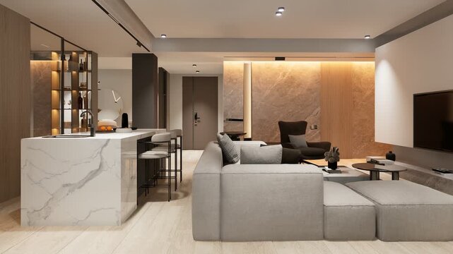 Modern condominium interior with sleek living room and kitchen design