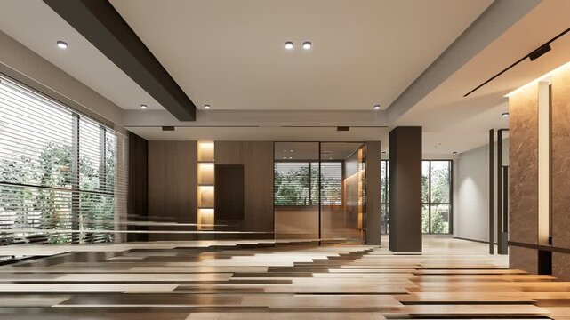 Modern condominium interior with sleek minimal living room and kitchen design