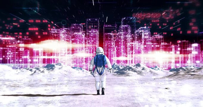 Astronaut walking on futuristic planet surface towards glowing metaverse city wireframe. Abstract Digital Space City Concept.