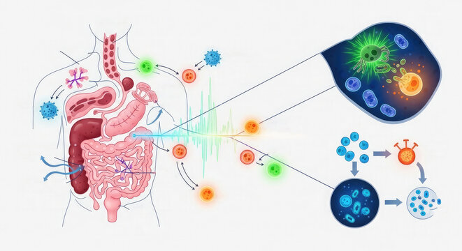Medical illustration showing the interaction between the human gut microbiome and the immune system with cellular signaling pathways and bacterial diversity