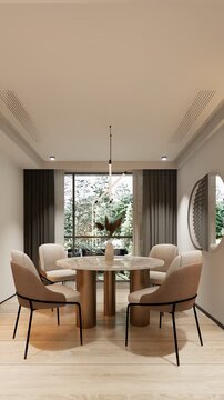 Modern minimalist dining room with gold accents in high end condominium